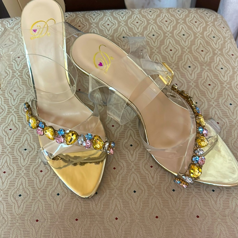 New clear heels with beautiful colored stones.